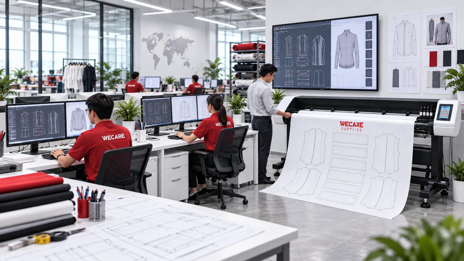 WECARE garment CAD team developing patterns beside an active wide-format pattern plotter