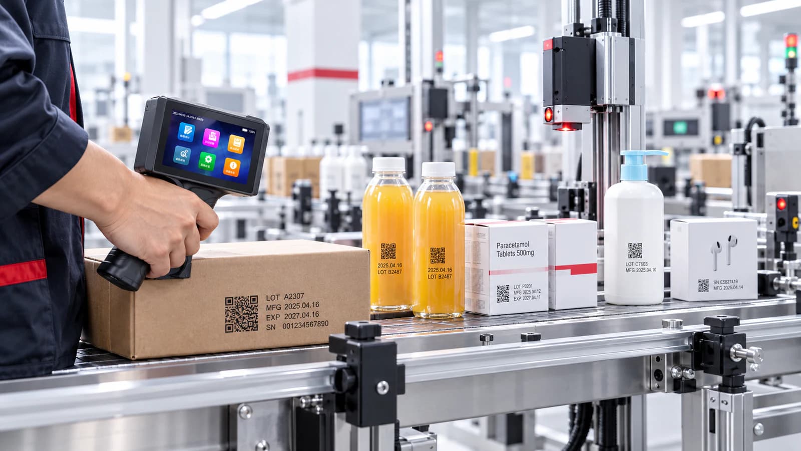 Multi-industry packaging line applying variable data codes with WECARE marking equipment