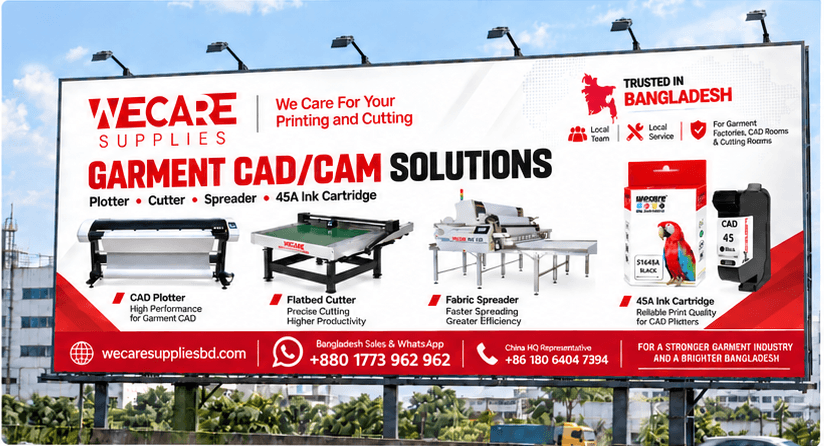 WECARE Bangladesh billboard promoting garment CAD and CAM solutions, local stock, local service and local support