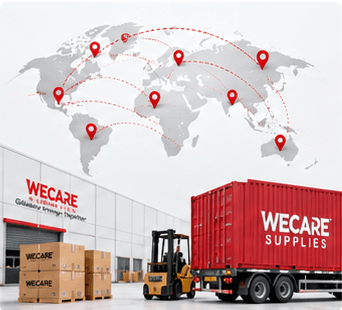 WECARE global partner fulfillment network with international map, warehouse and logistics container
